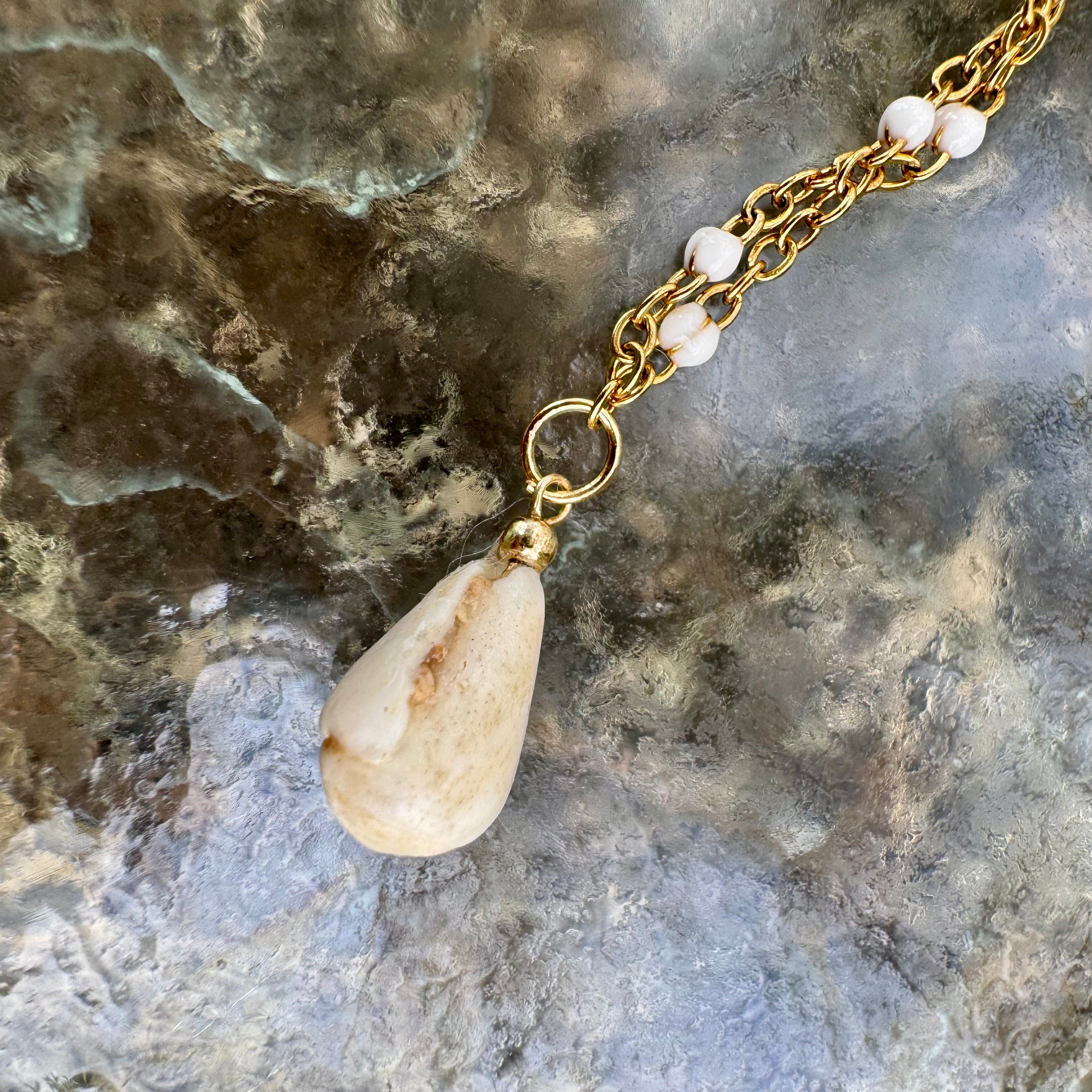 Three Little Shells Anklet or bracelet: White Cone, Olive Glass & Pink Cowry